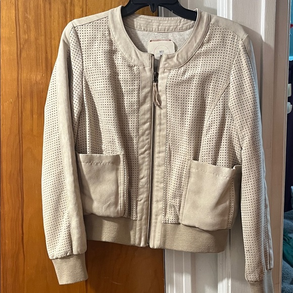 Chic Beige Perforated Bomber Jacket - Picture 1 of 5